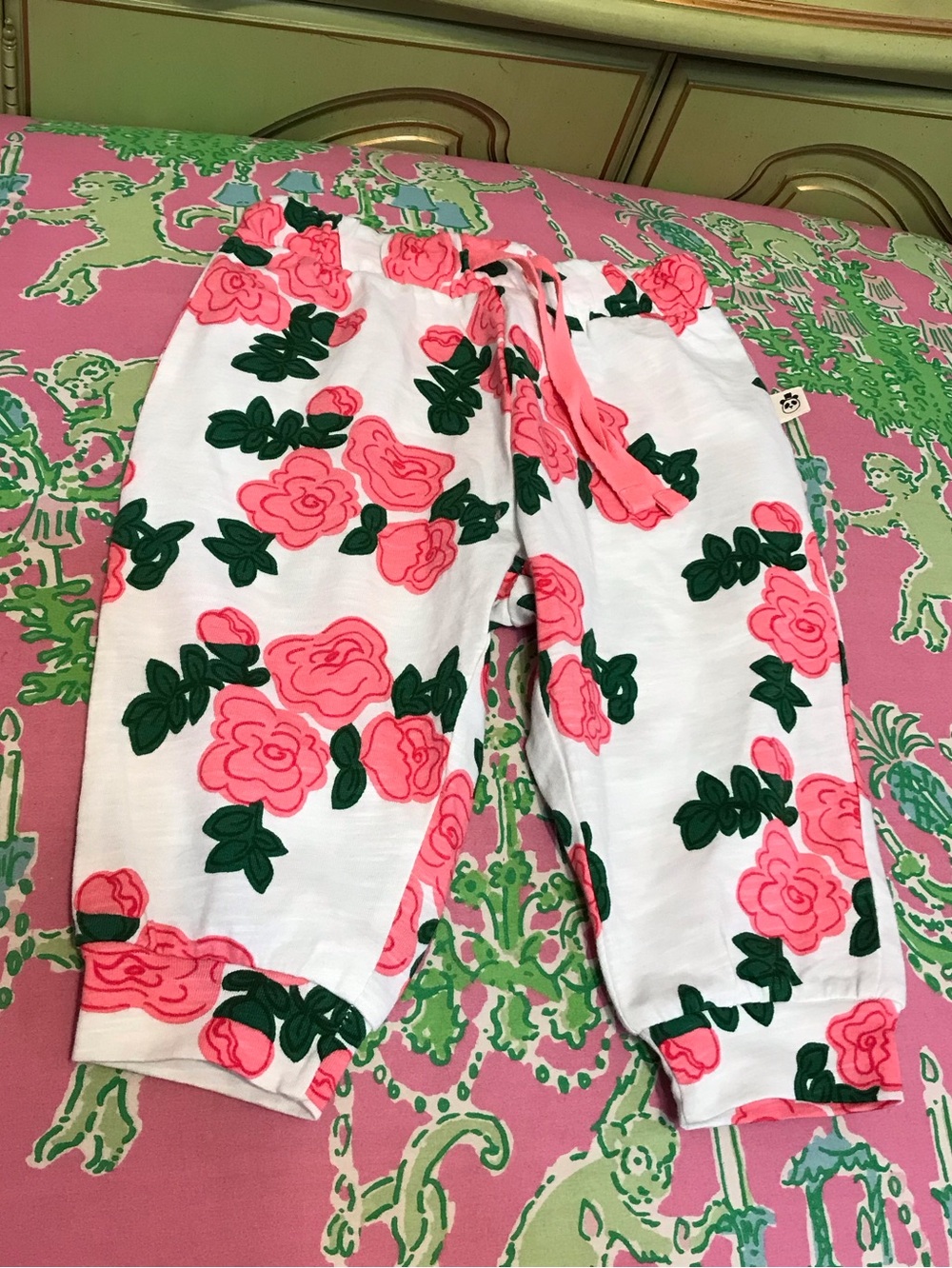 mini Rodini white with pink roses baby jogger pants size 4/9 months